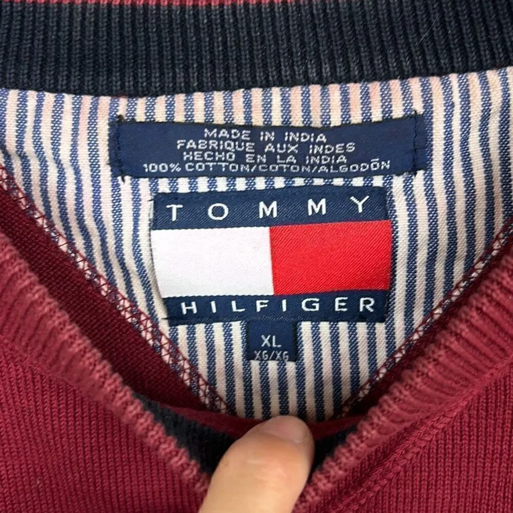 Vtg Y2K Tommy Hilfiger Crew Sweater Mens Sz XL Dark Red Wine Knit Crest Logo Lon